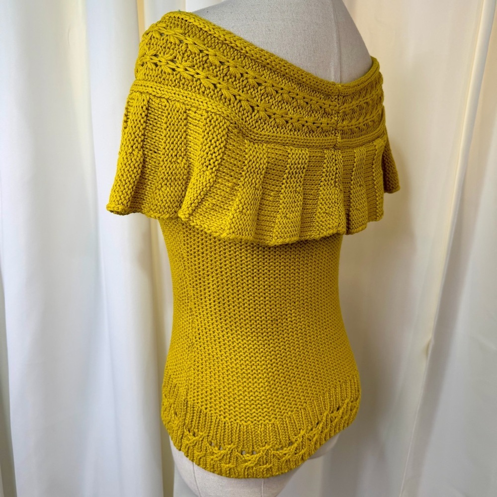 Anthropologie Mustard Yellow Ruffled Off-The-Shoulder Crocheted Sweater Size XS - Picture 9 of 16